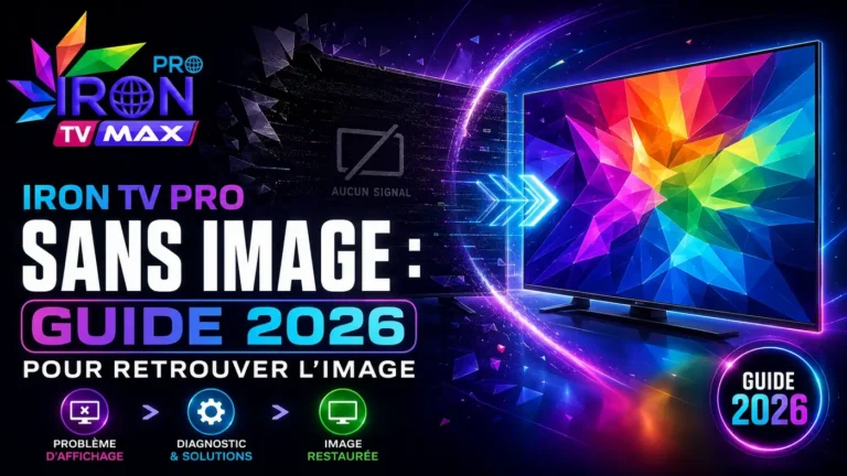 Iron TV Pro sans image avec écran noir, diagnostic et image restaurée dans un guide 2026