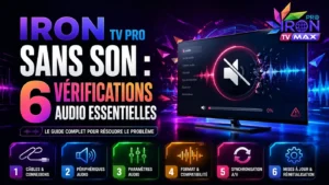 Image featured pour Iron TV Pro sans son avec 6 vérifications audio essentielles, icône muet, réglages son et interface TV futuriste.