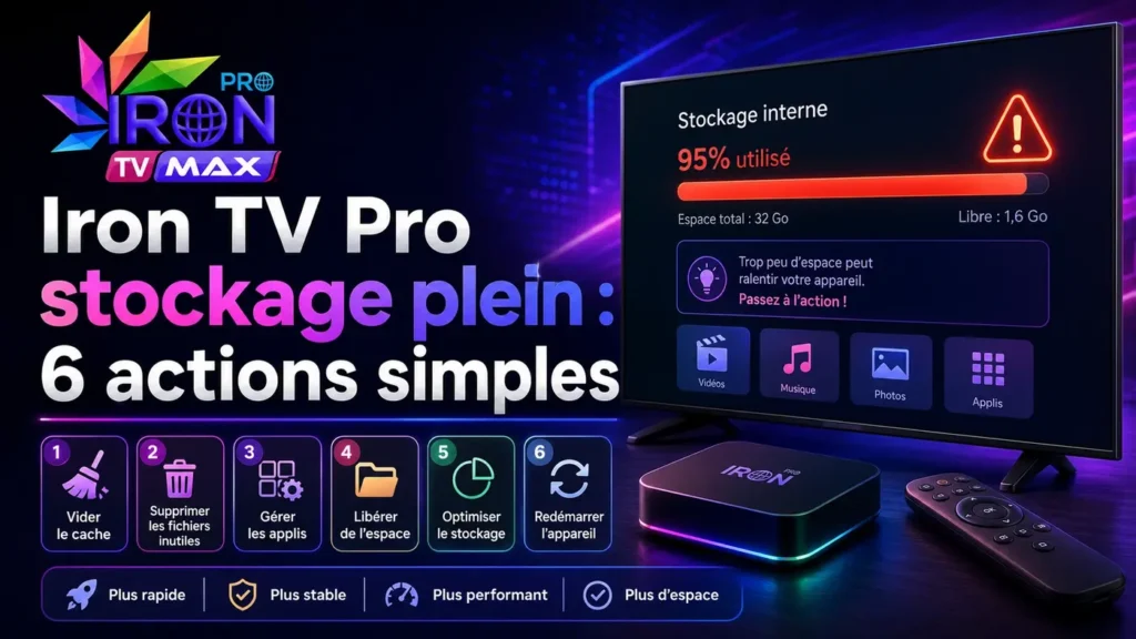 Iron TV Pro stockage plein avec écran de stockage interne presque saturé et 6 actions simples pour libérer de l’espace.