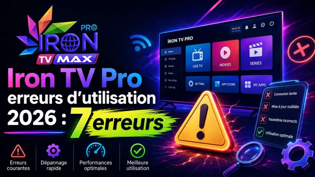Image SEO Iron TV Pro erreurs utilisation 2026 avec logo Iron TV Max, écran TV, icône d’alerte et 7 erreurs à éviter.
