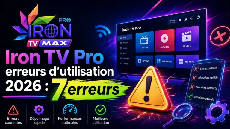 Image SEO Iron TV Pro erreurs utilisation 2026 avec logo Iron TV Max, écran TV, icône d’alerte et 7 erreurs à éviter.