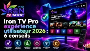 Image illustrant Iron TV Pro expérience utilisateur 2026 avec interface TV moderne, logo Iron TV Max et 6 conseils d’utilisation.