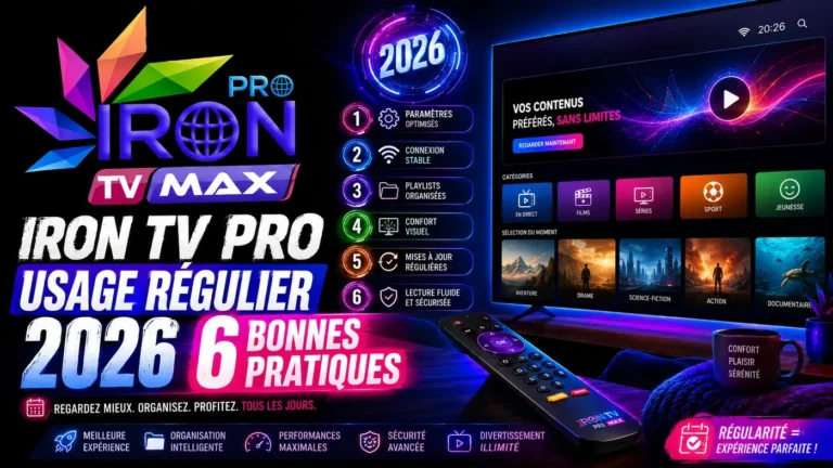 Iron TV Pro usage régulier 2026 avec interface TV moderne, télécommande et 6 bonnes pratiques pour une utilisation stable et organisée