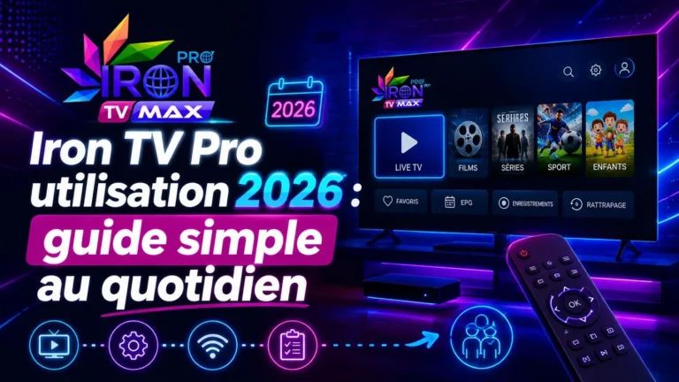 Image SEO Iron TV Pro utilisation 2026 avec interface TV, télécommande et guide simple pour un usage quotidien
